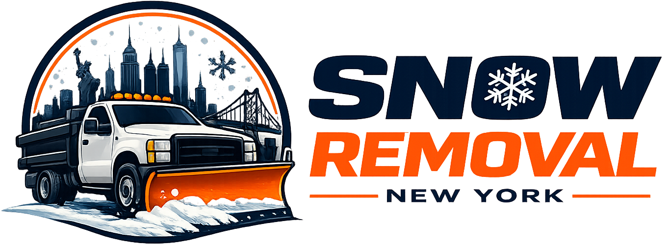 Professional illustration featuring a heavy-duty snow plow truck efficiently clearing snow, set against the recognizable New York City skyline. The prominent text displays “Snow Removal New York,” where a snowflake icon creatively substitutes for the “O” in Snow—highlighting reliable service and local expertise. - Snow Removal New York