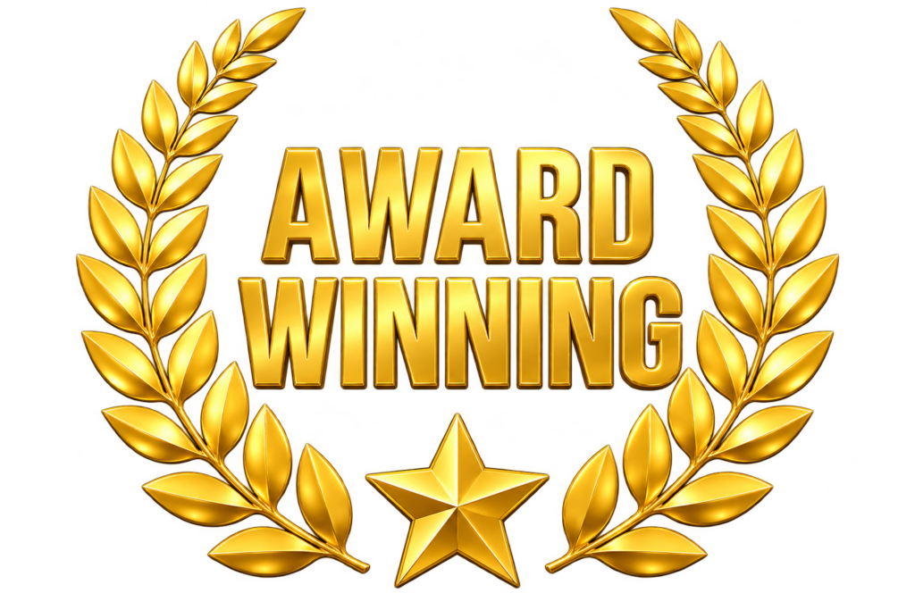 A gold laurel wreath, much like a perfectly plowed driveway, frames a gold star at the base and encircles the bold, gold capital letters reading AWARD WINNING, all set against a clean white background. - Snow Removal New York