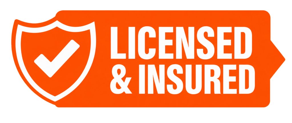 An orange sign featuring a white shield and checkmark on the left, with bold white letters on the right stating Licensed Insured—just the assurance you want from your trusted snow removal pros. - Snow Removal New York