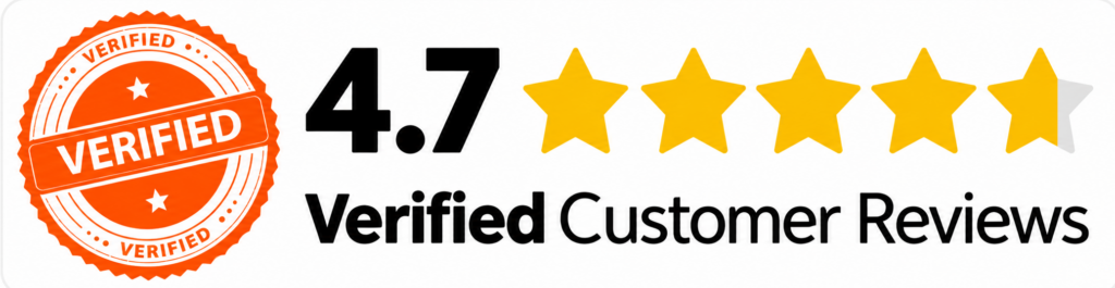 An orange Verified badge like the beacon on a snow plow, a 4.7 rating beside five yellow stars shining like fresh driveway lights, and the words Verified Customer Reviews all set on a crisp white background, as clean as newly shoveled snow. - Snow Removal New York