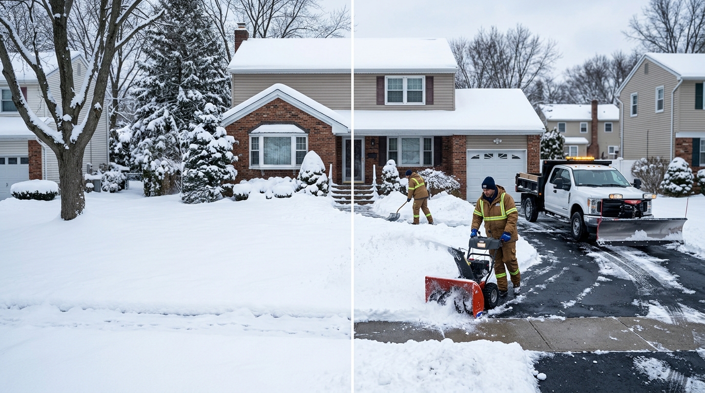 Our professional crew efficiently clears snow from the driveway of a suburban residence—one technician operates a commercial-grade snowblower while another expertly clears steps and walkways with a shovel near the porch. Our fully-equipped snowplow truck is stationed curbside, ready for any additional removal needs. Fresh snowfall blankets lawns and rooftops, but access paths are kept safe and clear. - Snow Removal New York