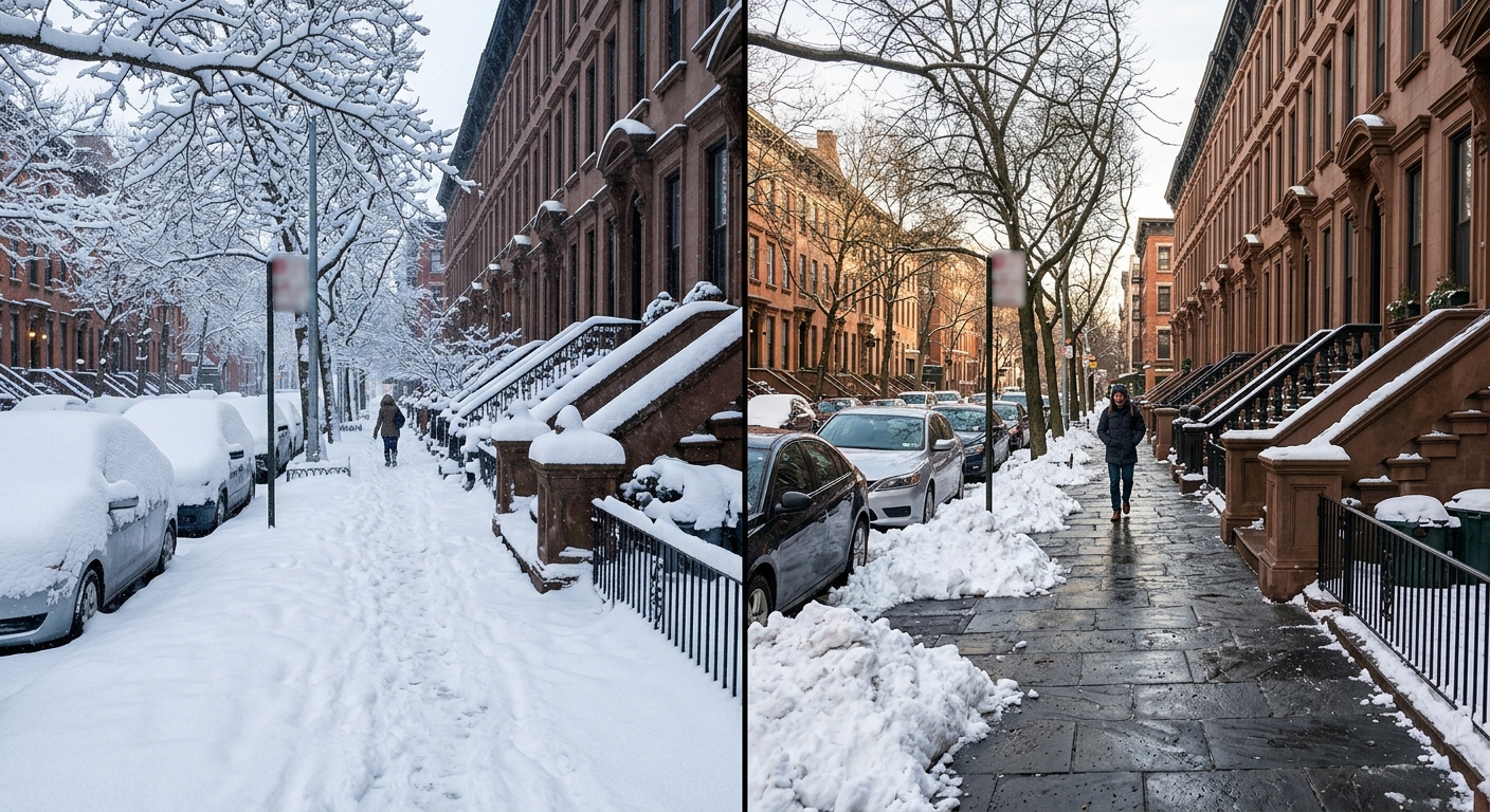 A city street with brownstone buildings in winter. On the left, substantial snow accumulation blankets the road, vehicles, and sidewalk. On the right, after professional snow removal services have been completed, the cars and sidewalks are cleared of snow and more pavement is exposed for safe access. - Snow Removal New York